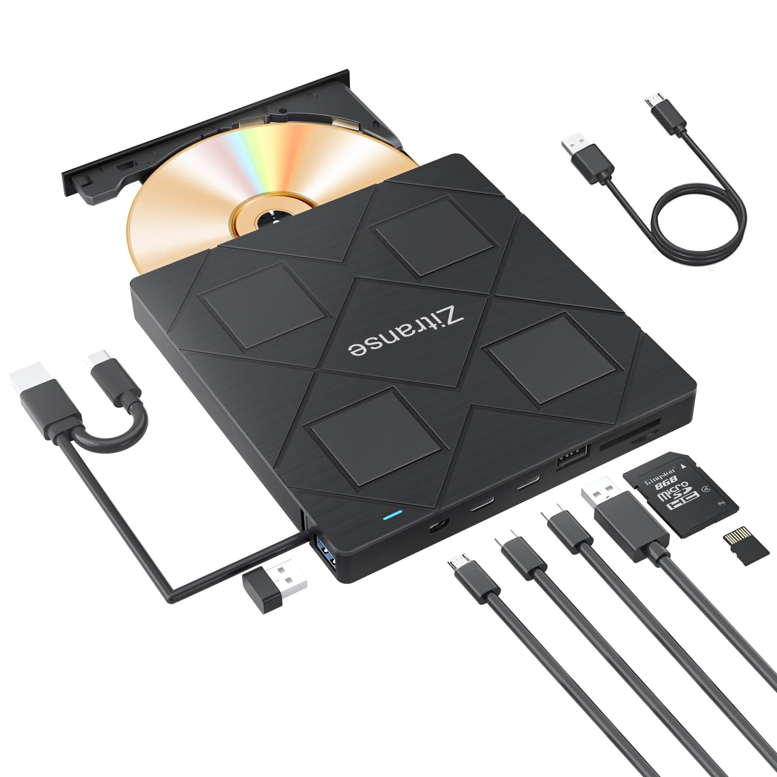 External Cd/Dvd Drive,Upgrade 8 In 1,Usb 3.0,2 Type C Port,Ultra Slim,Portable Optical Disk Drive Player Burner Reader Writer Fo